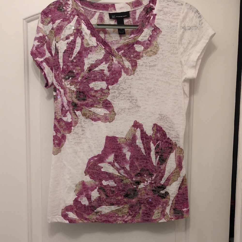 INC International Concepts Floral V-Neck Top - White and Purple